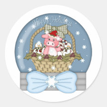 Sweet Christmas Pig in A Basket Snowglobe Round Stickers