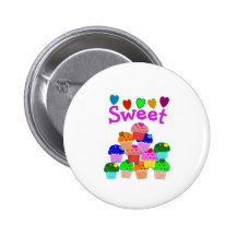 "Sweet" Cupcake Stack with Bright Hearts Pinback Buttons
