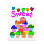 "Sweet" Cupcake Stack with Bright Hearts postcards