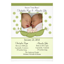 Sweet Little Pea Twin Boys Photo Announcement Card
