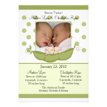 Sweet Little Pea Twins Photo Announcement Card
