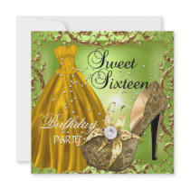 Sweet Sixteen 16  Birthday Party Lime Gold Dress Invitation
