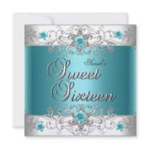Sweet Sixteen 16 Birthday Party Teal Blue Diamond Announcement