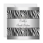 Sweet Sixteen 16 Black White Zebra Silver Birthday Custom Announcements