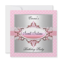 Sweet Sixteen 16 Party Silver Pink White Spot Custom Invitations