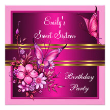 Sweet Sixteen 16 Pink Flowers Butterfly Birthday Personalized Announcements