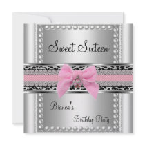 Sweet Sixteen 16 Pink Lace Silver Pearl Leopard Personalized Invitation