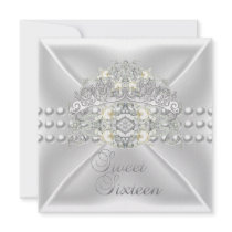 Sweet Sixteen 16  Tiara Silver White Pearl Diamond Personalized Invites