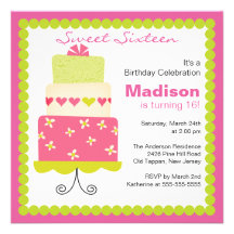 Sweet Sixteen Green & Pink Cake Birthday Invite