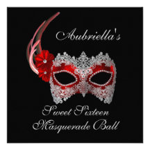 "Sweet Sixteen Masquerade Ball" Red/White Mask w/ Personalized Invite