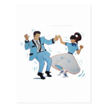 swing dancer with poodle skirt and saddle shoes post card