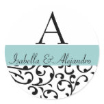 Swirl Damask nogram Wedding Favour Label Blue Round Sticker