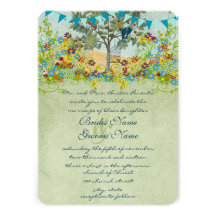 Swirled Flower Love Birds Tree Wedding Invitation