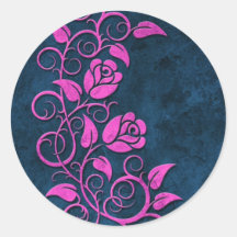 Swirling Stone Roses, pink on blue Round Stickers