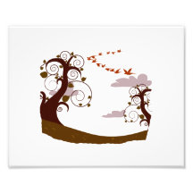 Swirly tree with flying birds graphic photograph