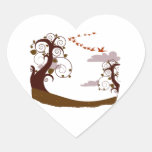 Swirly tree with flying birds graphic heart sticker