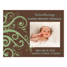 Swirly Vines Green & Brown Baby Boy Photo Birth Invitation