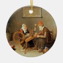 T31883 An interior with a old woman at a spinning Christmas Tree Ornament