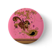 Tan Abstract Bird on Pink Pin Back Button