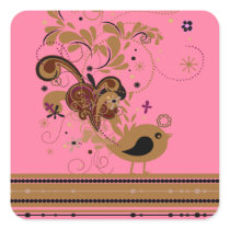 Tan Abstract Bird on Pink Square Stickers