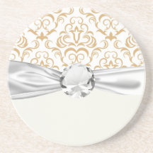 tan gold on white ornate damask pattern beverage coasters