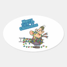 tangled in lights merry bleeping christmas cartoon oval sticker