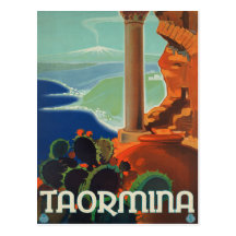 Taormina Sicily Italy VintageTravel Poster Post Card