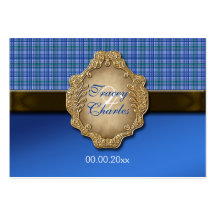 Tartan blue brown wedding seating business card