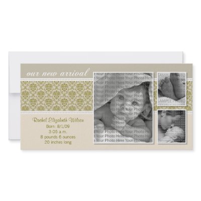 {TBA} 8x4 Taupe Baroque 3-Photo Birth Announcement Photo Greeting Card by BeezKneez