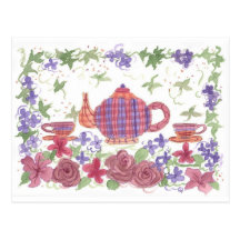 Tea Time Teapot and Flowers Postcard