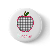 Teacher Button - Charcoal Grey Gingham Apple