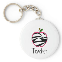 Teacher Keychain -Zebra Print Apple w Pink Outline