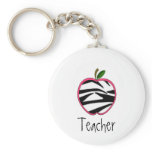 Teacher Keychain -Zebra Print Apple w Pink Outline