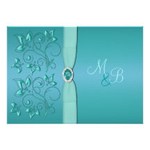 Teal and Aqua Floral Monogrammed Invitation