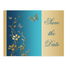 Teal and Gold Butterflies Save the Date Postcard