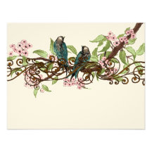 Teal and Pink Vintage Birds Wedding RSVP Personalised Invite