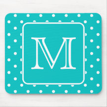 Teal and White Polka Dot Pattern. Custom Monogram. Mouse Mat