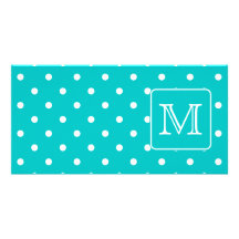 Teal and White Polka Dot Pattern. Custom Monogram. Photo Greeting Card