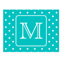 Teal and White Polka Dot Pattern. Custom Monogram. Postcards