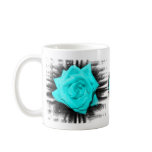 Teal aqua coloured rose, jagged black back coffee mug