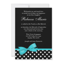Teal Blue and Black Polka Dots Bow Bat Mitzvah Personalized Announcements