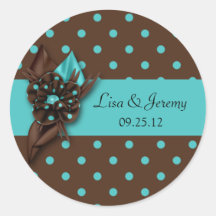 Teal Blue and Brown Polka Dot Save The Date Sti Round Stickers