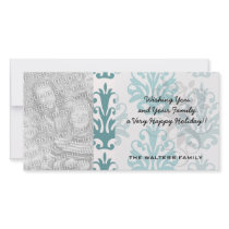 teal blue and slate blue damask on white personalized photo card