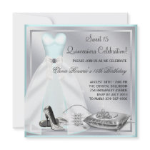 Teal Blue Ball Gown High Heels Teal Quinceanera Custom Invitation