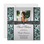 Teal Blue Black Damask Photo Sweet 16 Party invitations