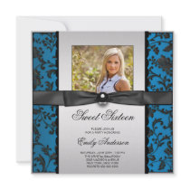 Teal Blue Black Damask Photo Sweet 16 Party Invitation