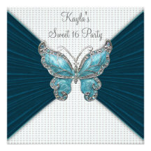 Teal Blue Butterfly Sweet Sixteen Birthday Party Personalised Invites