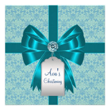 Teal Blue Damask Baby Baptism Christening Personalized Invitations