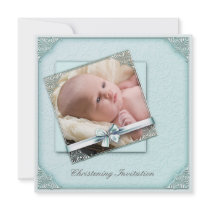 Teal Blue Damask Girl Photo Christening Invitations