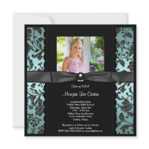 Teal Blue Damask Photo Graduation Personalized Announcements